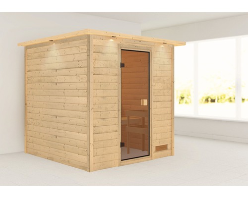 Sauna en bois massif Karibu Jara sans poêle avec couronne et porte entièrement vitrée couleur bronze