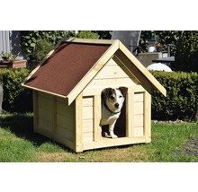 Hund im Holz-Hundehaus mit Bitumendach im Garten