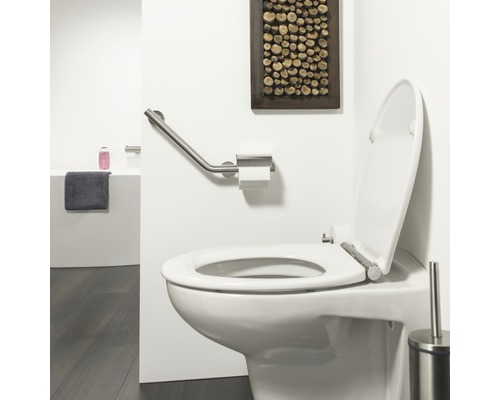 Salle de bains moderne avec WC suspendu, barre d''appui et élément en bois