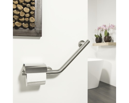 Scène de salle de bains avec porte-papier toilette avec poignée de maintien pour montage mural