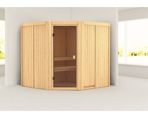 Sauna modulaire Karibu Kotka sans poêle ni couronne avec porte entièrement vitrée couleur bronze