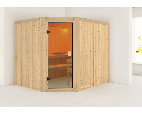 Sauna modulaire Karibu Horna sans poêle ni couronne avec porte entièrement vitrée couleur bronze