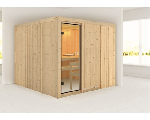 Sauna modulaire Karibu Arvika sans poêle ni couronne avec porte entièrement vitrée couleur bronze