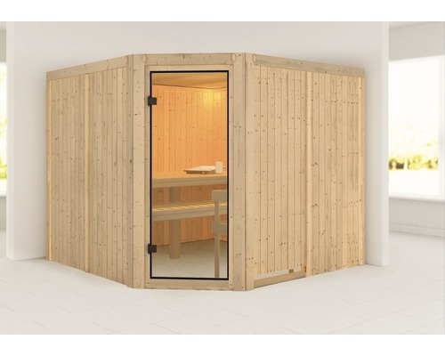 Sauna modulaire Karibu Ystadt sans poêle ni couronne avec porte entièrement vitrée couleur bronze