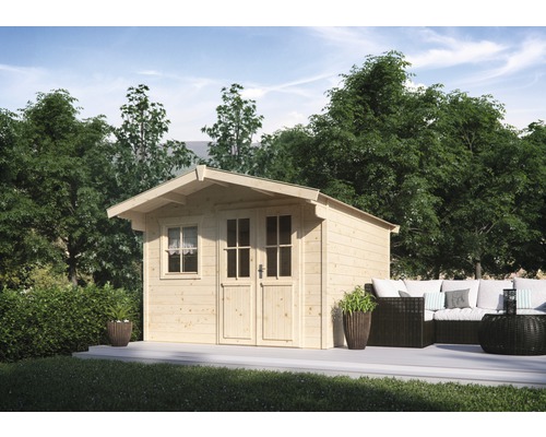 Abri en madriers Konsta Plateau 28 mm avec plancher 315 x 360 cm naturel Abri de jardin en bois avec double porte et fenêtre à côté d''un coin salon extérieur