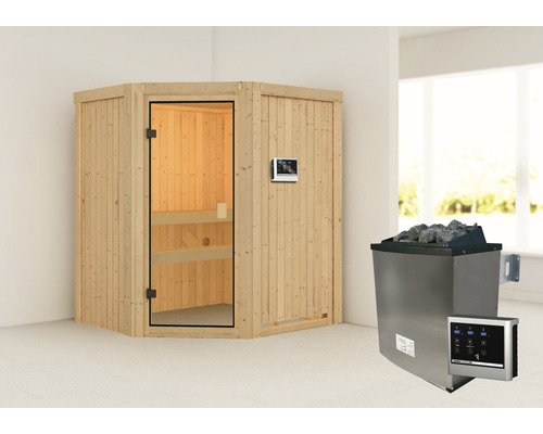 Sauna modulaire Karibu Faurin avec poêle 9 kW avec commande ext. sans couronne avec porte entièrement vitrée couleur bronze