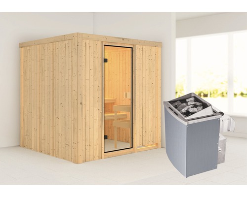 Sauna modulaire Karibu Tromsö avec poêle 9 kW avec commande intégrée sans couronne avec porte entièrement vitrée couleur bronze