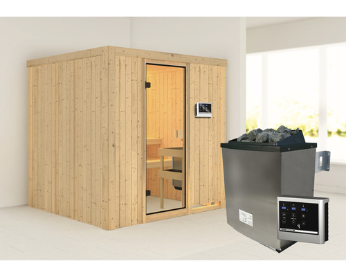 Sauna modulaire Karibu Tromsö avec poêle 9 kW avec commande ext. sans couronne avec porte entièrement vitrée couleur bronze