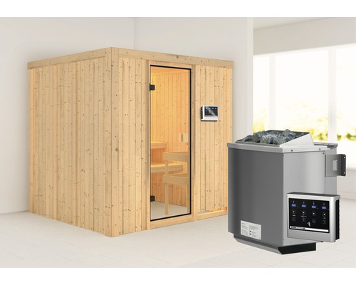 Sauna modulaire Karibu Tromsö avec poêle bio 9 kW avec commande ext. sans couronne avec porte entièrement vitrée couleur bronze