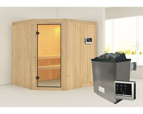 Sauna modulaire Karibu Bodo avec poêle 9 kW avec commande ext. sans couronne avec porte entièrement vitrée couleur bronze