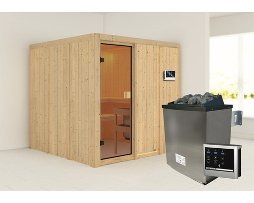 Sauna modulaire Karibu Oulu avec poêle 9 kW avec commande ext. sans couronne avec porte entièrement vitrée couleur bronze