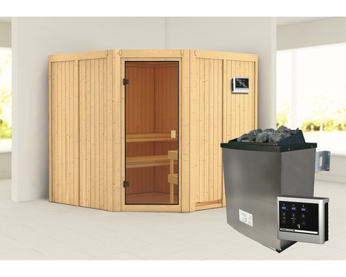 Sauna modulaire Karibu Kotka avec poêle 9 kW avec commande ext. sans couronne avec porte entièrement vitrée couleur bronze