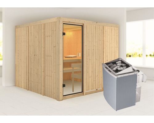 Sauna modulaire Karibu Arvika avec poêle 9 kW avec commande intégrée sans couronne avec porte entièrement vitrée couleur bronze