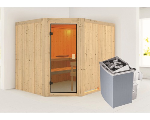 Sauna modulaire Karibu Horna avec poêle 9 kW commande intégrée sans couronne avec porte entièrement vitrée couleur bronze