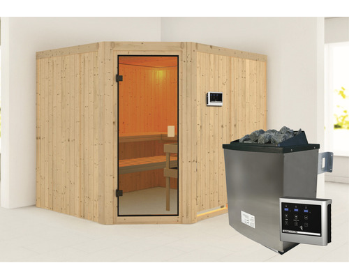 Sauna modulaire Karibu Horna avec poêle 9 kW commande ext. sans couronne avec porte entièrement vitrée couleur bronze