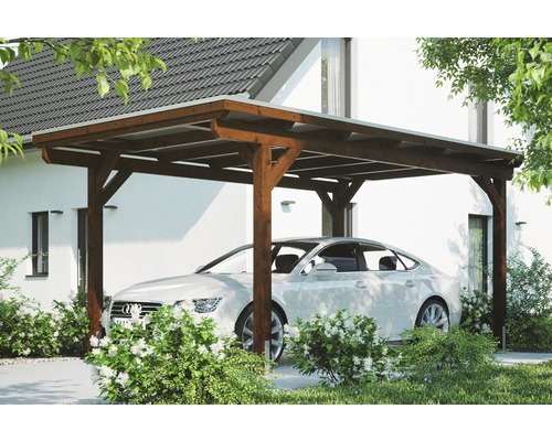 Carport simple Konsta panneaux de toiture en aluminium ancrage H comprise 304x500 cm noyer Carport simple Konsta panneaux de toiture en aluminium ancrage H comprise 304x500 cm noyer