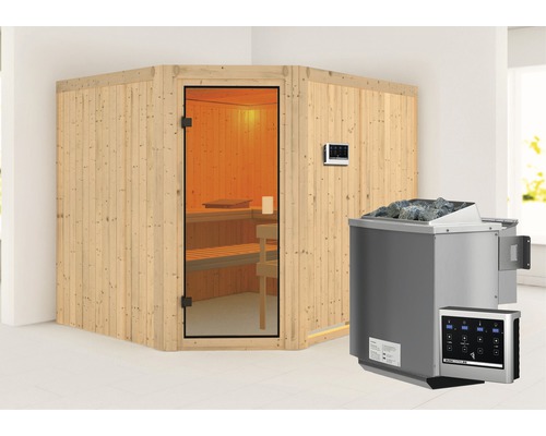 Sauna modulaire Karibu Horna avec poêle bio 9 kW commande ext. sans couronne avec porte entièrement vitrée couleur bronze