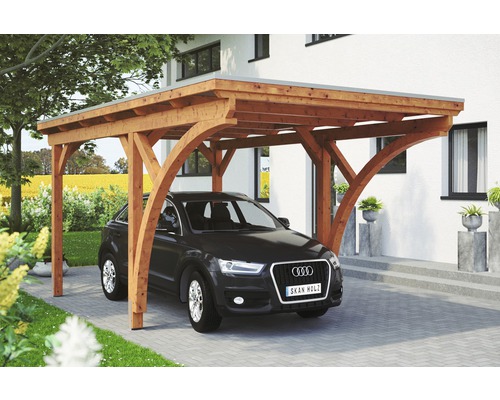 Carport simple Konsta panneaux de toiture en aluminium 2 arches et ancrage H compris 304x500 cm chêne clair