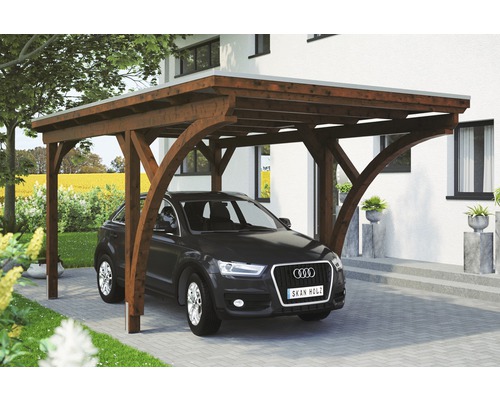 Carport simple Konsta panneaux de toiture en aluminium 2 arches et ancrage H compris 304x500 cm noyer