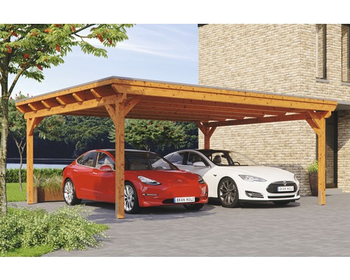 Carport double Konsta panneaux de toiture en aluminium ancrage H compris 618x500 cm chêne clair