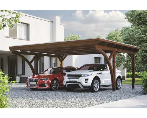 Carport double Konsta panneaux de toiture en aluminium 2 arches et ancrage H compris 618x500 cm noyer