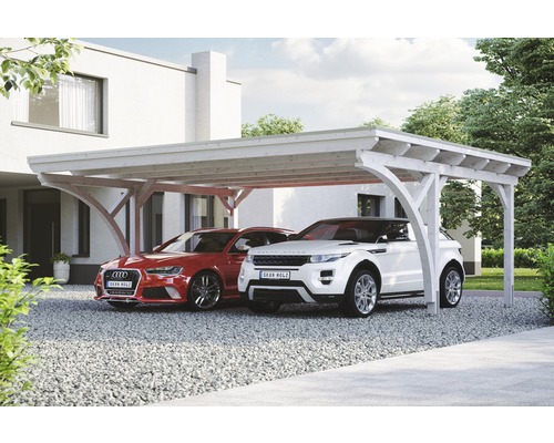 Carport double Konsta panneaux de toiture en aluminium 2 arches et ancrage H compris 618x500 cm blanc Carport double Konsta panneaux de toiture en aluminium 2 arches et ancrage H compris 618x500 cm blanc