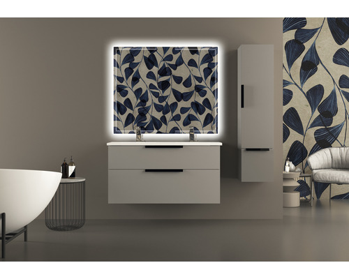 Salle de bains moderne avec meuble sous-lavabo, miroir éclairé et armoire haute