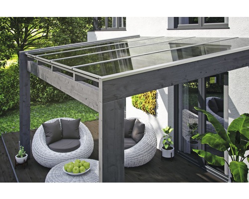 Toiture pour terrasse SKAN HOLZ Novara avec courroies de poteau 450x309 cm gris Pergola de terrasse en bois avec toit en verre et coin salon dans le jardin.