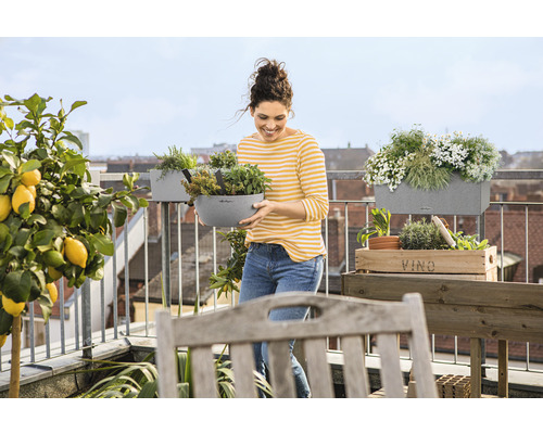 Frau mit Pflanzgefäß auf einem Balkon mit Kräutern, Blumen und Zitronenbaum