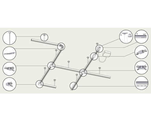 Représentation d''une construction de plafond avec rails électriques et accessoires de montage.