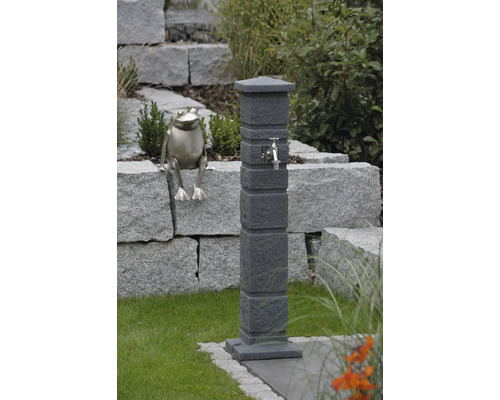 Scène de jardin avec borne fontaine et figurine de grenouille