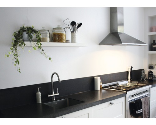 Küchenszene mit Spüle, Arbeitsplatte, Herd, Dunstabzugshaube und Regal