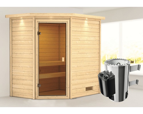 Sauna Woodfeeling Jella inkl.3,6 kW Ofen u.integr.Steuerung mit Dachkranz und bronzierter Ganzglastüre