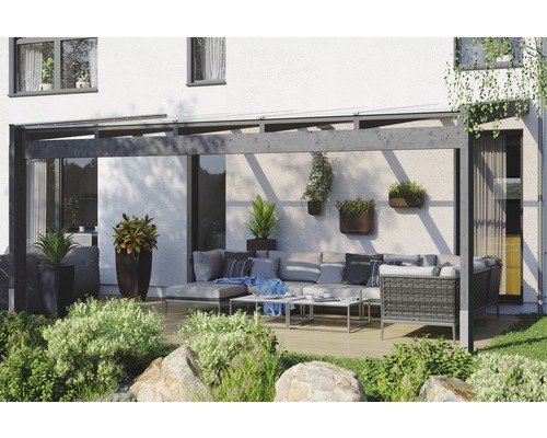 Toiture pour terrasse SKAN HOLZ Novara avec courroies de poteau 557x259 cm gris Terrasse avec pergola, mobilier de jardin et plantes