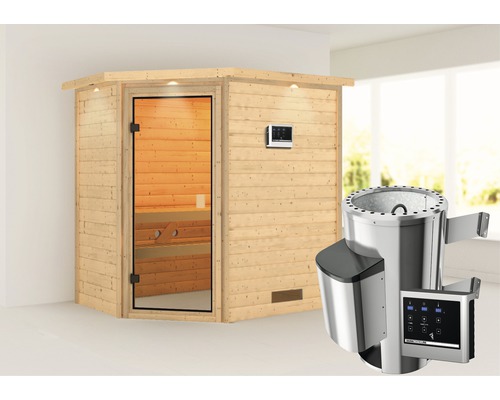 Sauna Plug & Play Karibu Jella avec poêle 3,6 kW et commande ext. avec couronne et porte entièrement vitrée couleur bronze