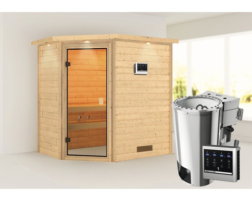 Sauna Plug & Play Karibu Jella avec poêle bio 3,6 kW et commande ext. avec couronne et porte entièrement vitrée couleur bronze