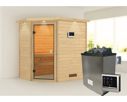 Sauna en madriers Karibu Jella avec poêle 9 kW et commande ext. avec couronne et porte entièrement vitrée couleur bronze