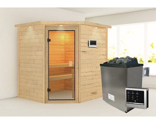 Sauna en madriers Karibu Elea avec poêle 9 kW et commande ext. avec couronne et porte entièrement vitrée couleur bronze