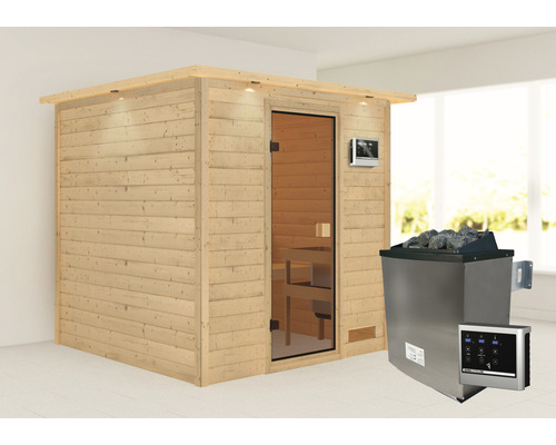 Sauna en madriers Karibu Jara avec poêle 9 kW et commande ext. avec couronne et porte entièrement vitrée couleur bronze