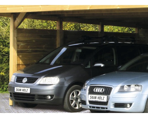 Double carport en bois avec deux voitures garées
