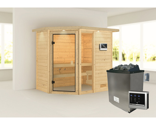 Sauna en bois massif Karibu Jada avec poêle 9 kW et commande externe avec couronne et porte entièrement vitrée couleur bronze