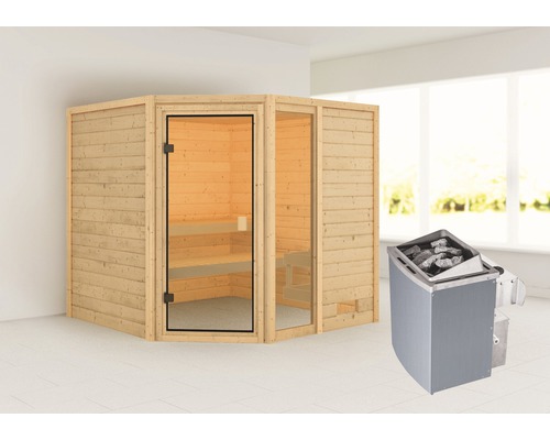 Sauna en madriers Karibu Tabea avec poêle 9 kW et commande intégrée sans couronne avec porte entièrement vitrée couleur bronze