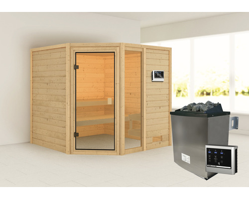 Sauna en madriers Karibu Tabea avec poêle 9 kW et commande ext. sans couronne avec porte entièrement vitrée couleur bronze