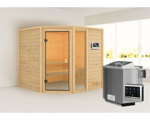 Sauna en madriers Karibu Tabea avec poêle bio 9 kW et commande ext. sans couronne avec porte entièrement vitrée couleur bronze