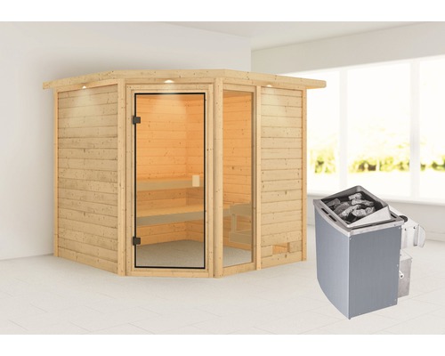 Sauna en madriers Karibu Tabea avec poêle 9 kW et commande intégrée avec couronne et porte entièrement vitrée couleur bronze