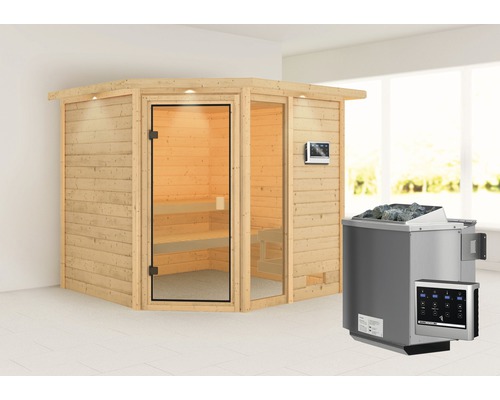 Sauna en madriers Karibu Tabea avec poêle bio 9 kW et commande ext. avec couronne et porte entièrement vitrée couleur bronze