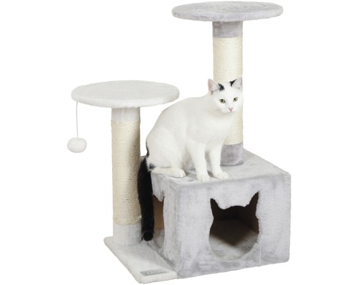 Katzenkratzbaum mit Liegeflächen, Sisalstämmen und Katzenhaus mit Katzenkopföffnung