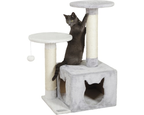 Katze klettert auf einen Kratzbaum mit Plattformen und einem Katzenhaus