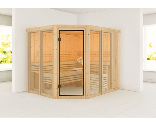Sauna modulaire Karibu Mandos 3 sans poêle ni couronne, avec portes entièrement vitrées couleur bronze