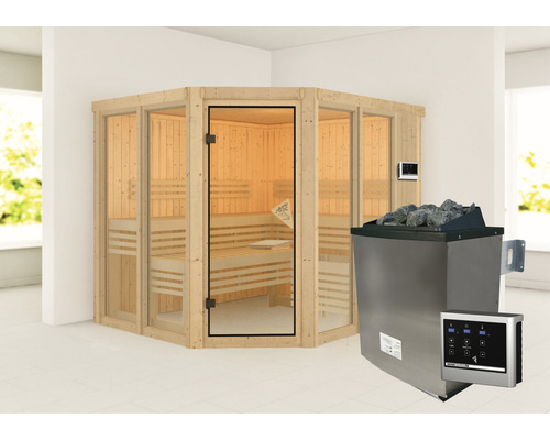 Sauna modulaire Karibu Mandos 3 avec poêle 9 kW et commande externe, sans couronne, avec portes entièrement vitrées couleur bronze